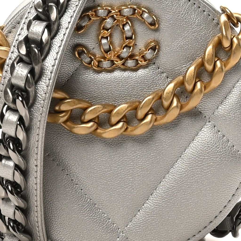 Chanel Metallic Lambskin Quilted Chanel 19 Round Clutch With Chain Silver