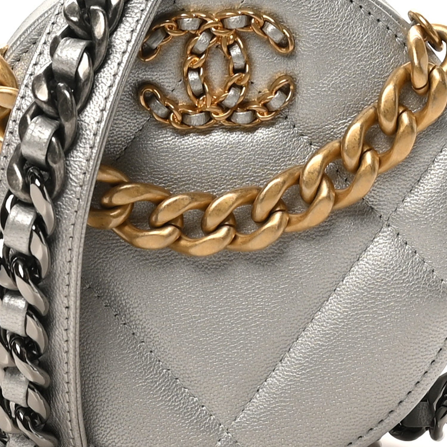 Chanel Metallic Lambskin Quilted Chanel 19 Round Clutch With Chain Silver
