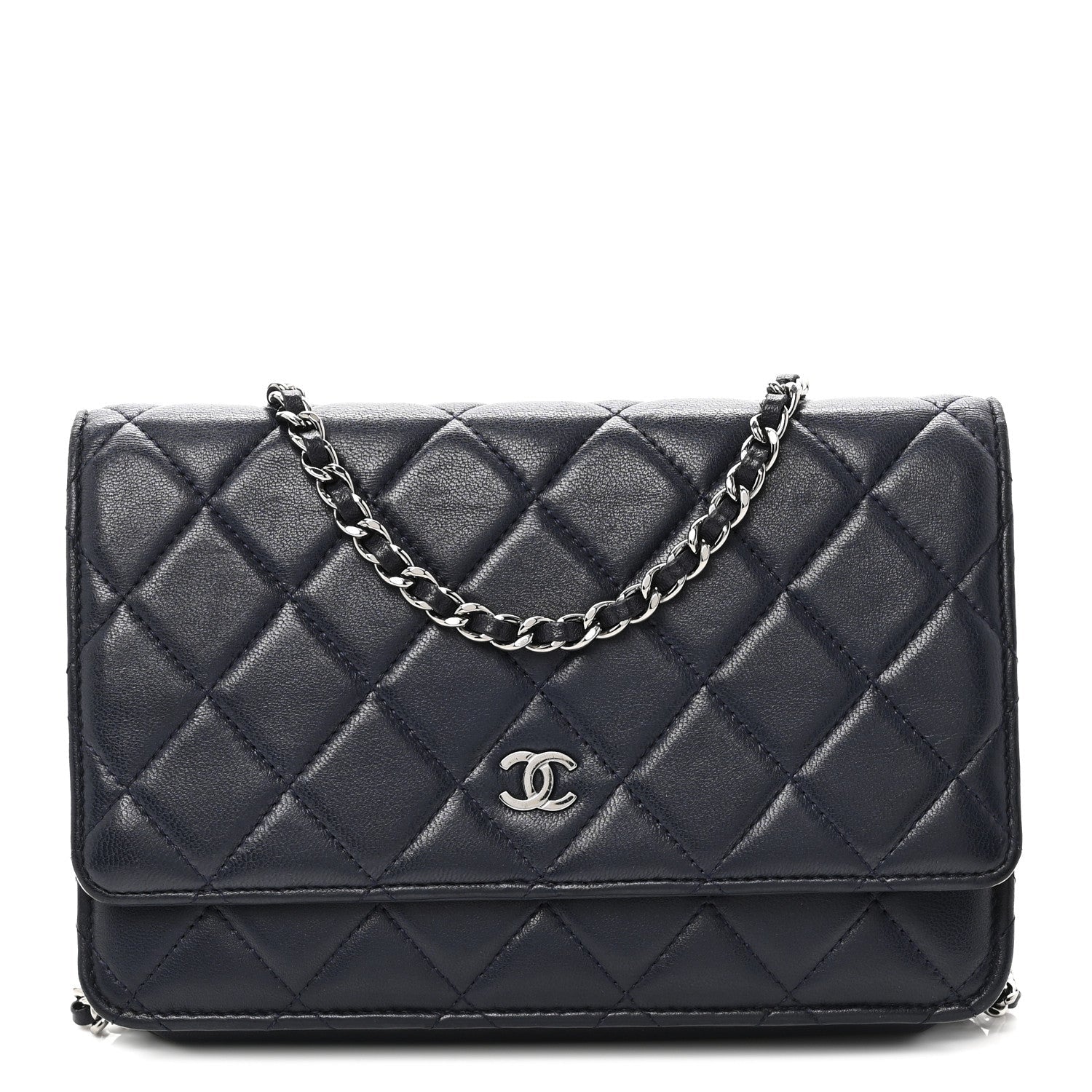 Chanel Lambskin Quilted Wallet On Chain WOC Navy Blue