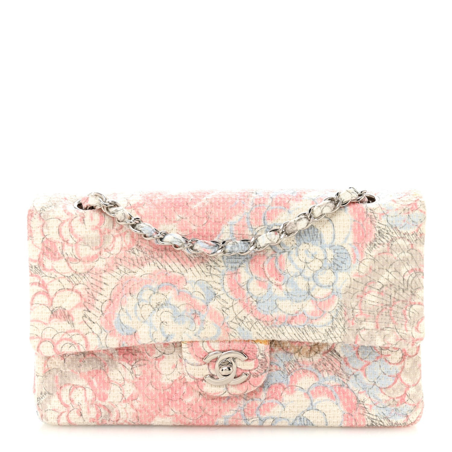 Chanel Tweed Quilted Camellia Medium Double Flap Ivory Multicolor