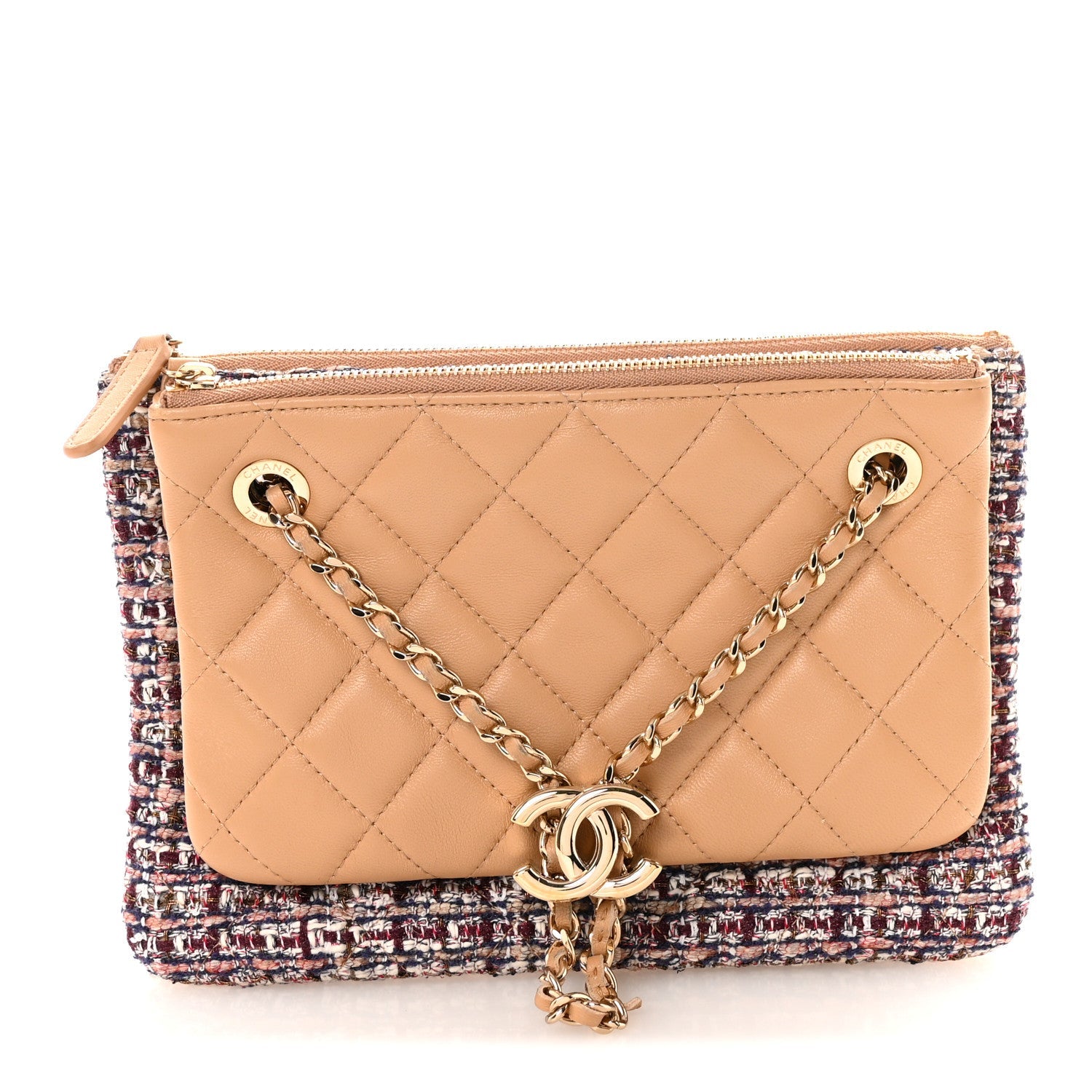 Chanel Tweed Lambskin Quilted Pouch Beige Multicolor