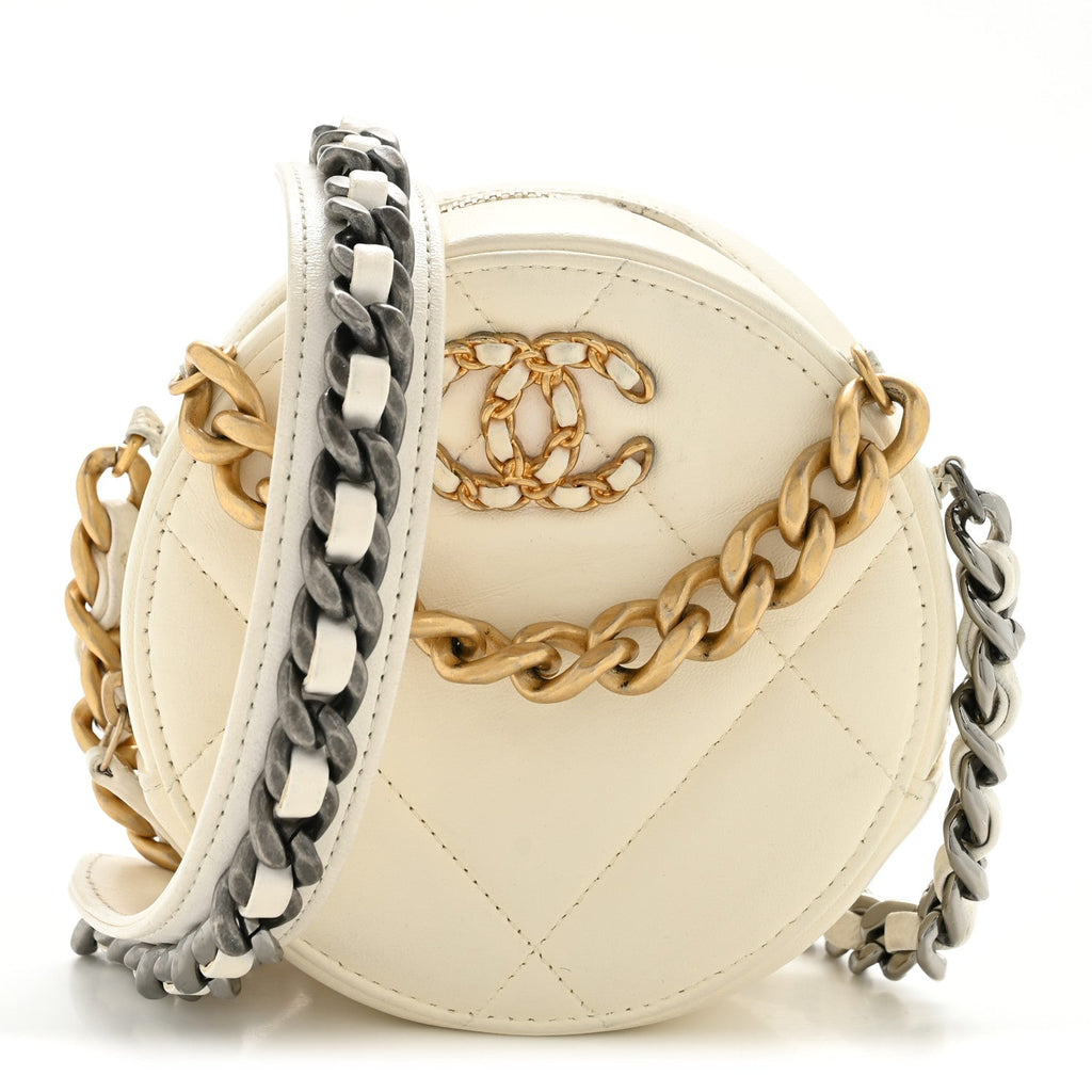Chanel Lambskin Quilted Chanel 19 Round Clutch With Chain White