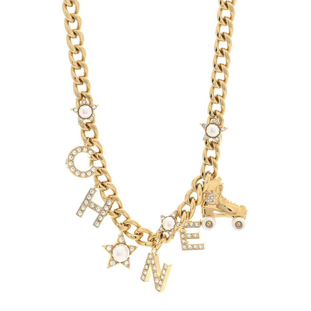 Crystal Pearl Star Rollerblade Logo Necklace Gold