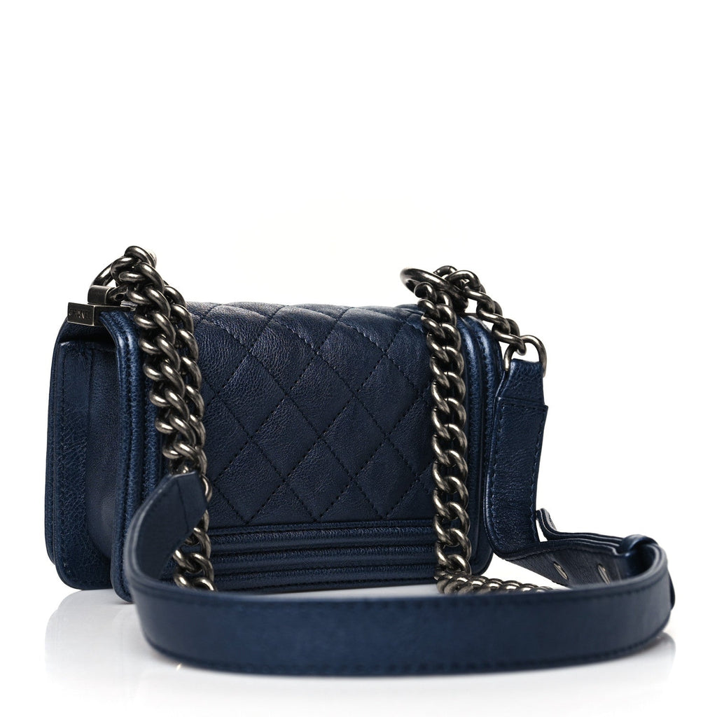 Chanel Metallic Calfskin Quilted Mini Boy Flap Blue
