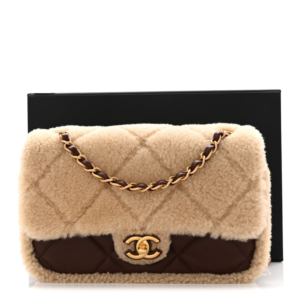 Chanel Shearling Lambskin Quilted Furry Coco Flap Dark Brown Beige