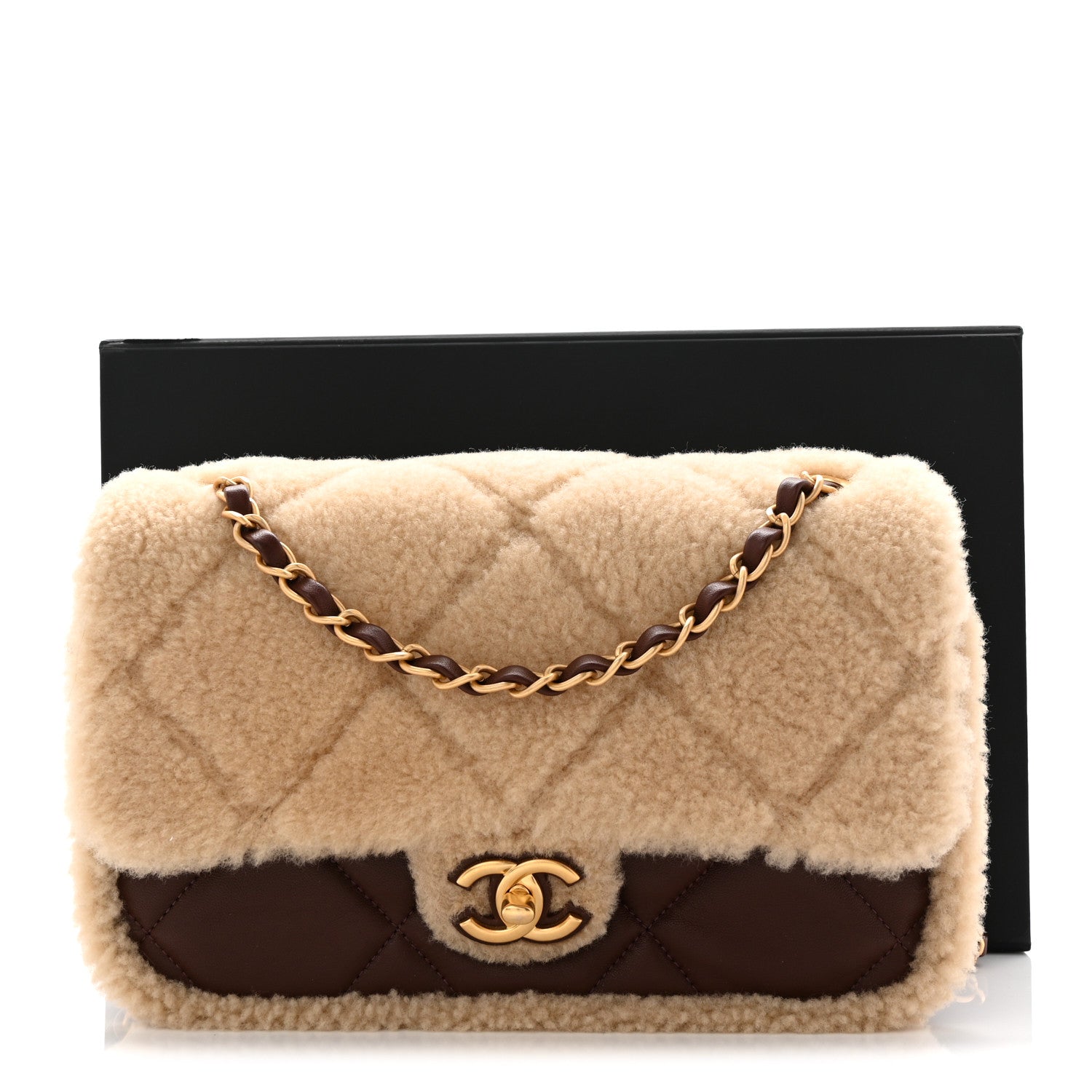 Chanel Shearling Lambskin Quilted Furry Coco Flap Dark Brown Beige
