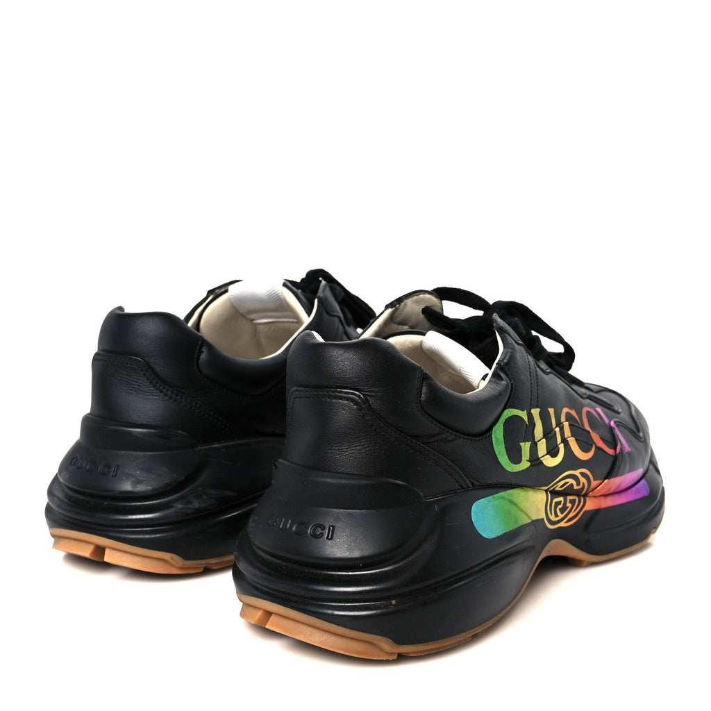 Gucci Calfskin Iridescent Logo Mens Rhyton Sneakers 8.5 Black