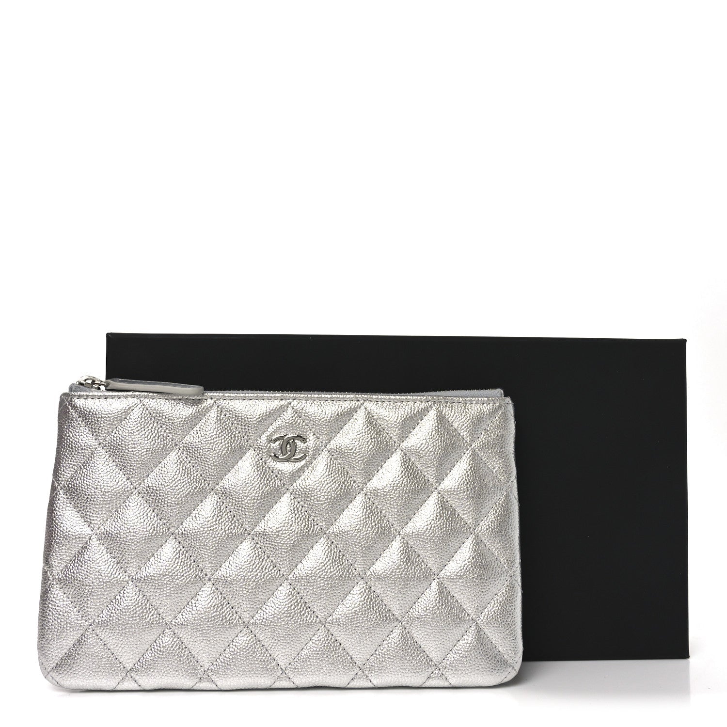 Metallic Caviar Quilted Small Zipped Pouch Silvery