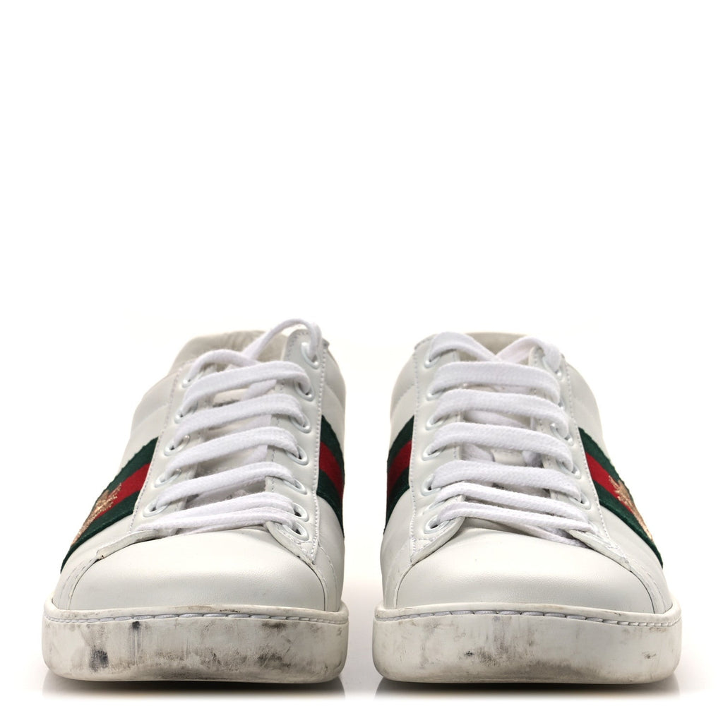 Gucci Calfskin Ayers Bee Embroidered Womens Ace Sneakers 36 White Green