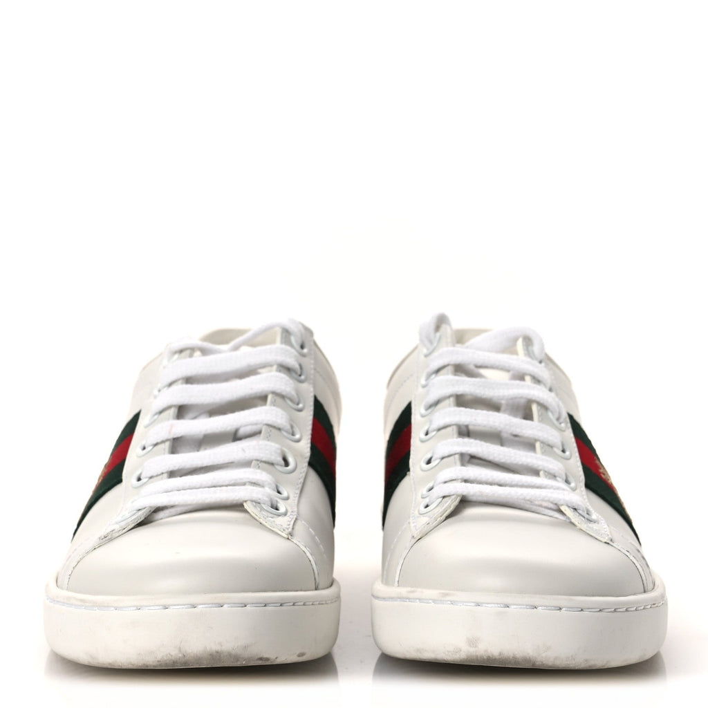 Gucci Calfskin Ayers Bee Embroidered Womens Ace Sneakers 35 White Green