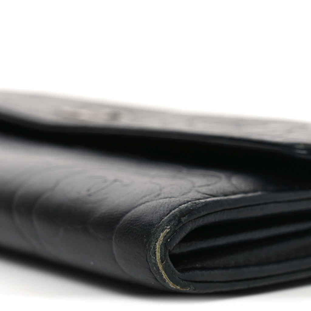 Chanel Lambskin Embossed Camellia Large Gusset Flap Wallet Black