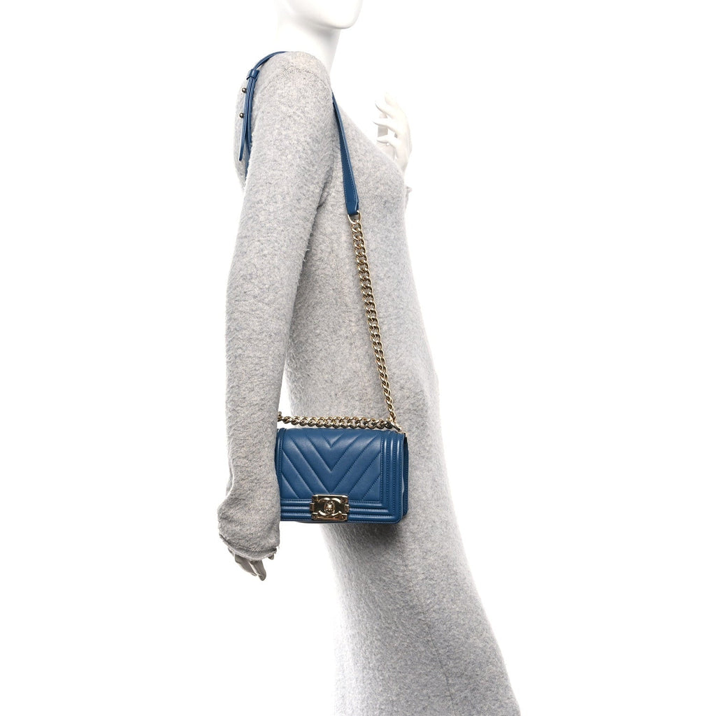 Chanel Calfskin Chevron Quilted Small Boy Flap Blue