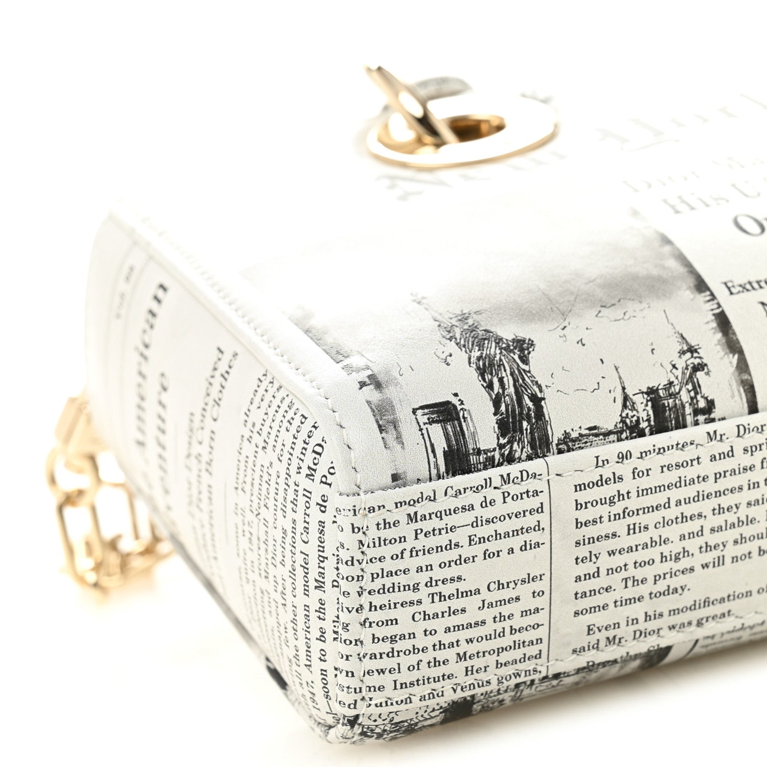 Christian Dior Calfskin Newspaper Printed Small Lady D-Joy Black White