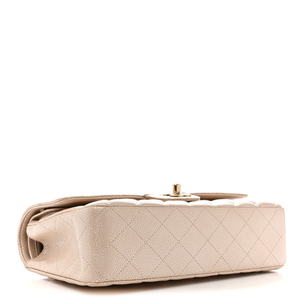 Chanel Pearly Caviar Quilted Medium Double Flap Light Beige