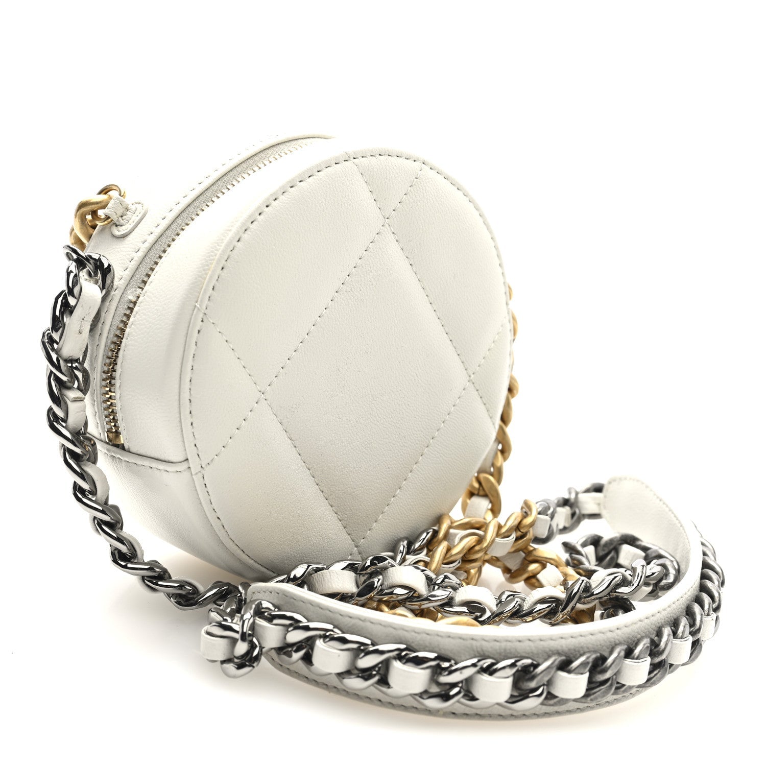 Chanel Shiny Goatskin Quilted Chanel 19 Round Clutch With Chain White