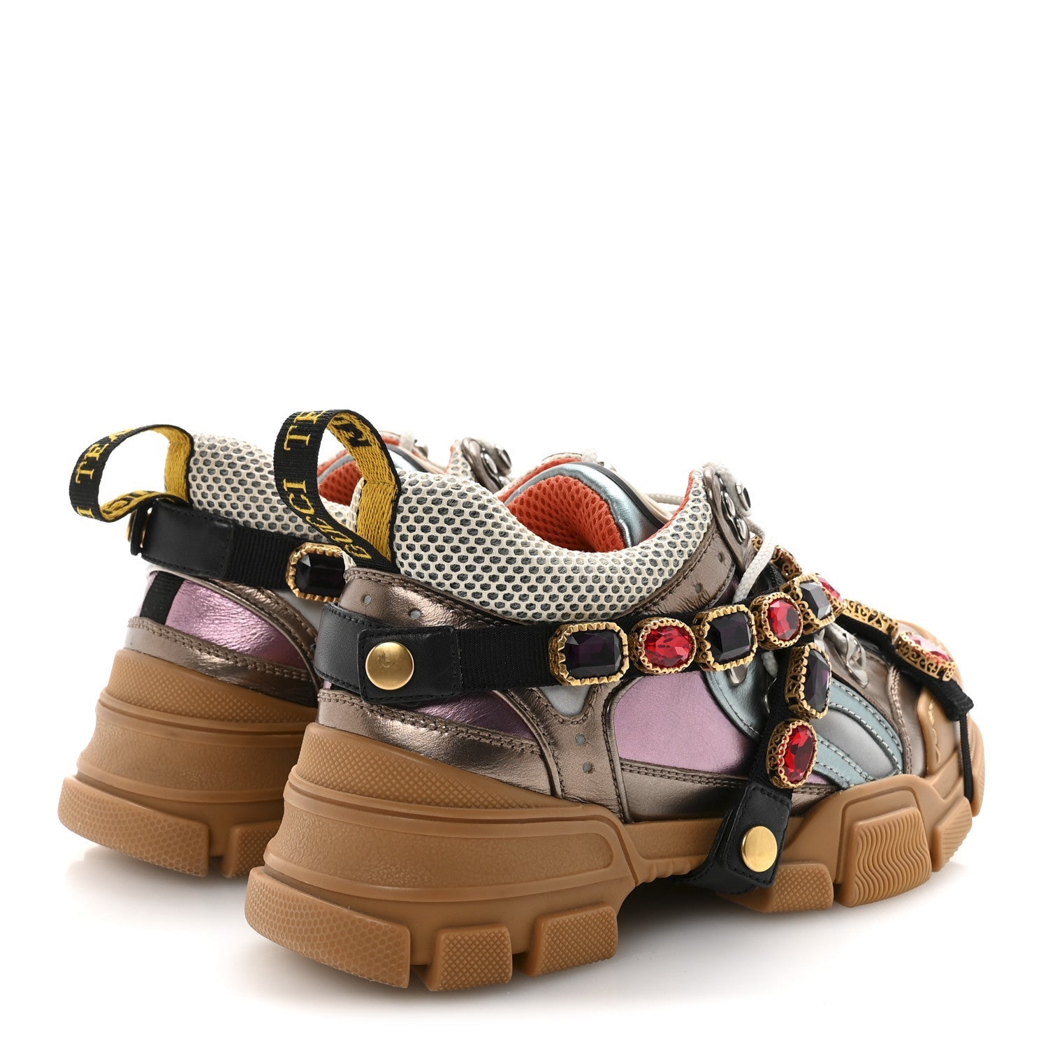Gucci X SEGA Metallic Calfskin Mesh Removable Crystals Womens Flashtrek Sneakers 36 Rame Mystic White Lago