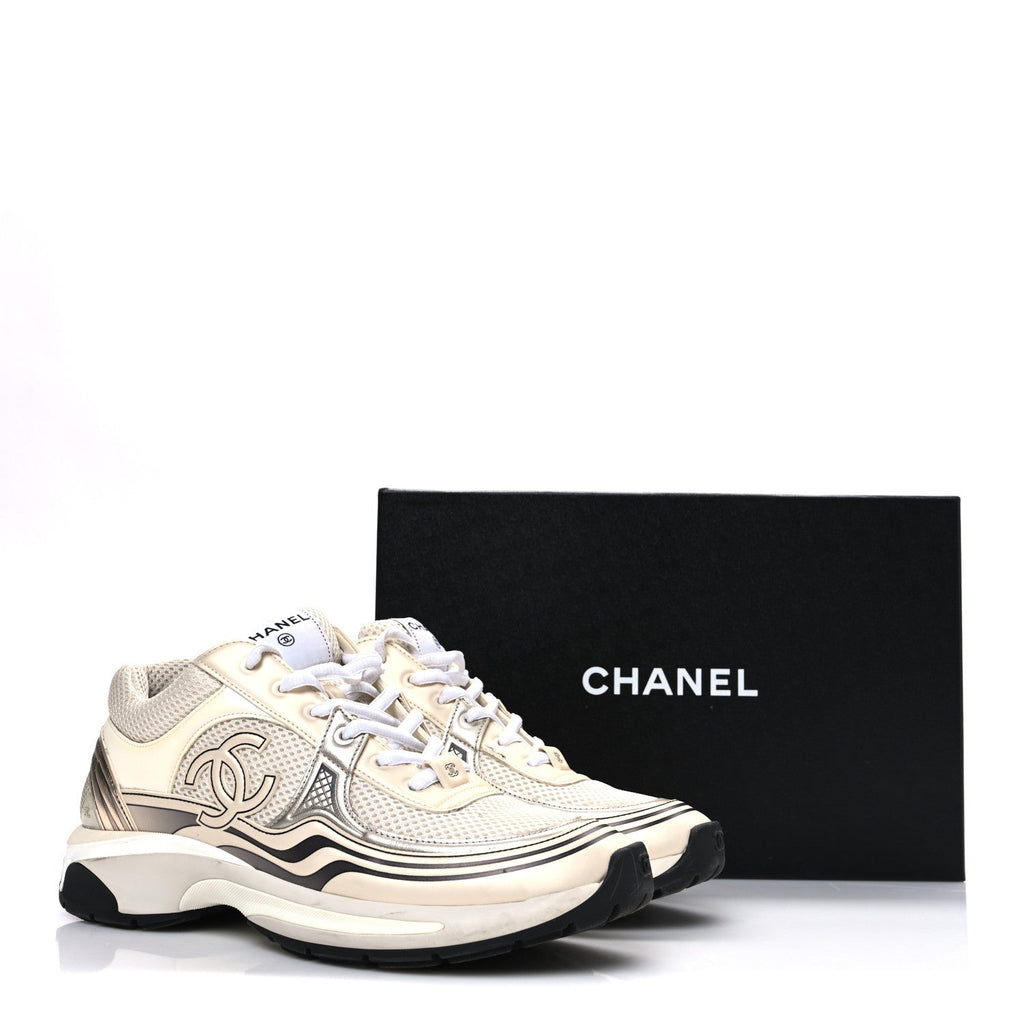 Fabric Laminated Calfskin Stretch CC Sneakers 41 Ivory White Silver