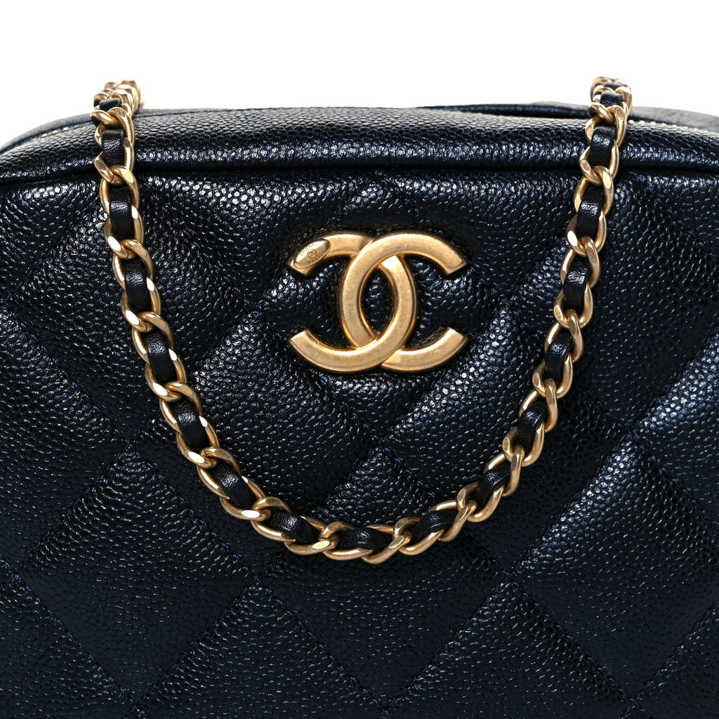 Chanel Shiny Caviar Quilted Chain Melody Camera Bag Dark Blue
