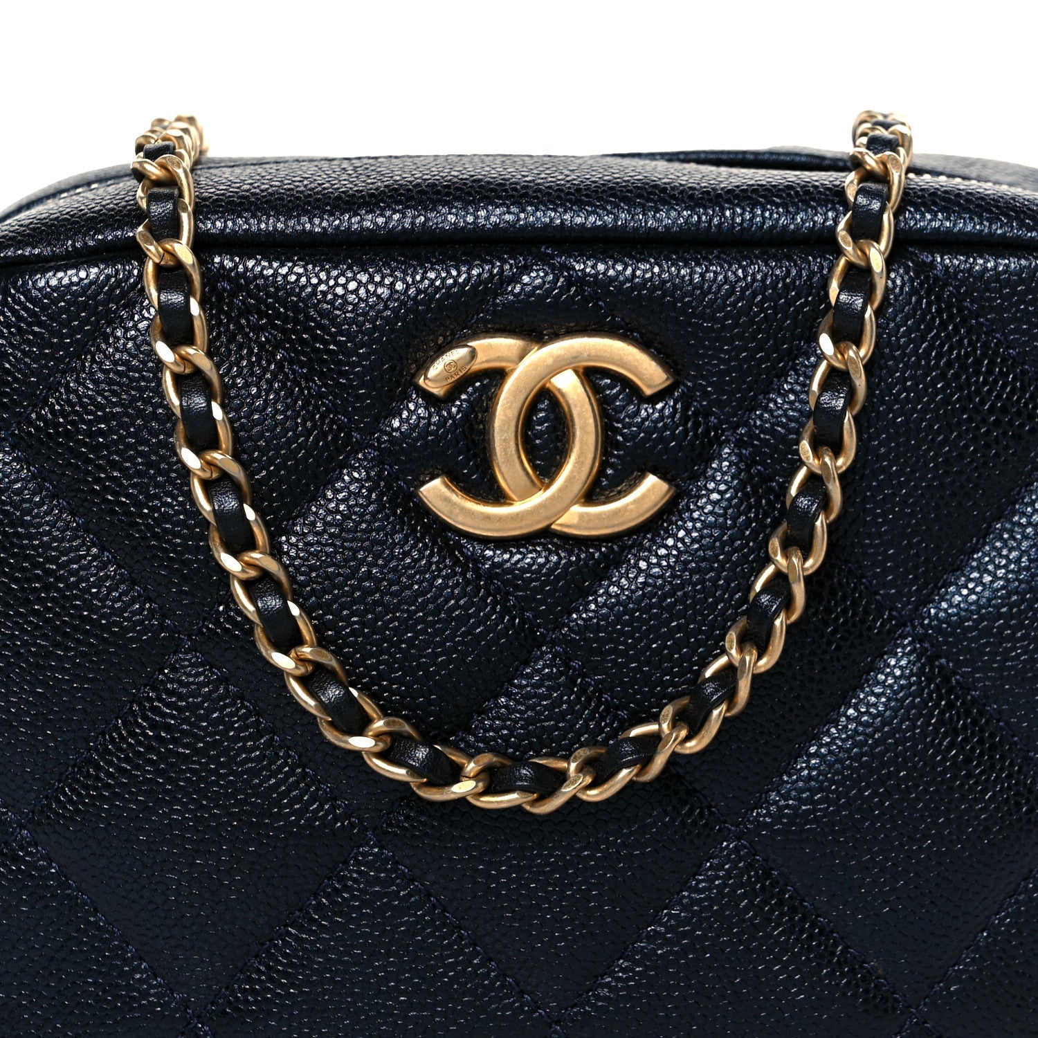 Chanel Shiny Caviar Quilted Chain Melody Camera Bag Dark Blue