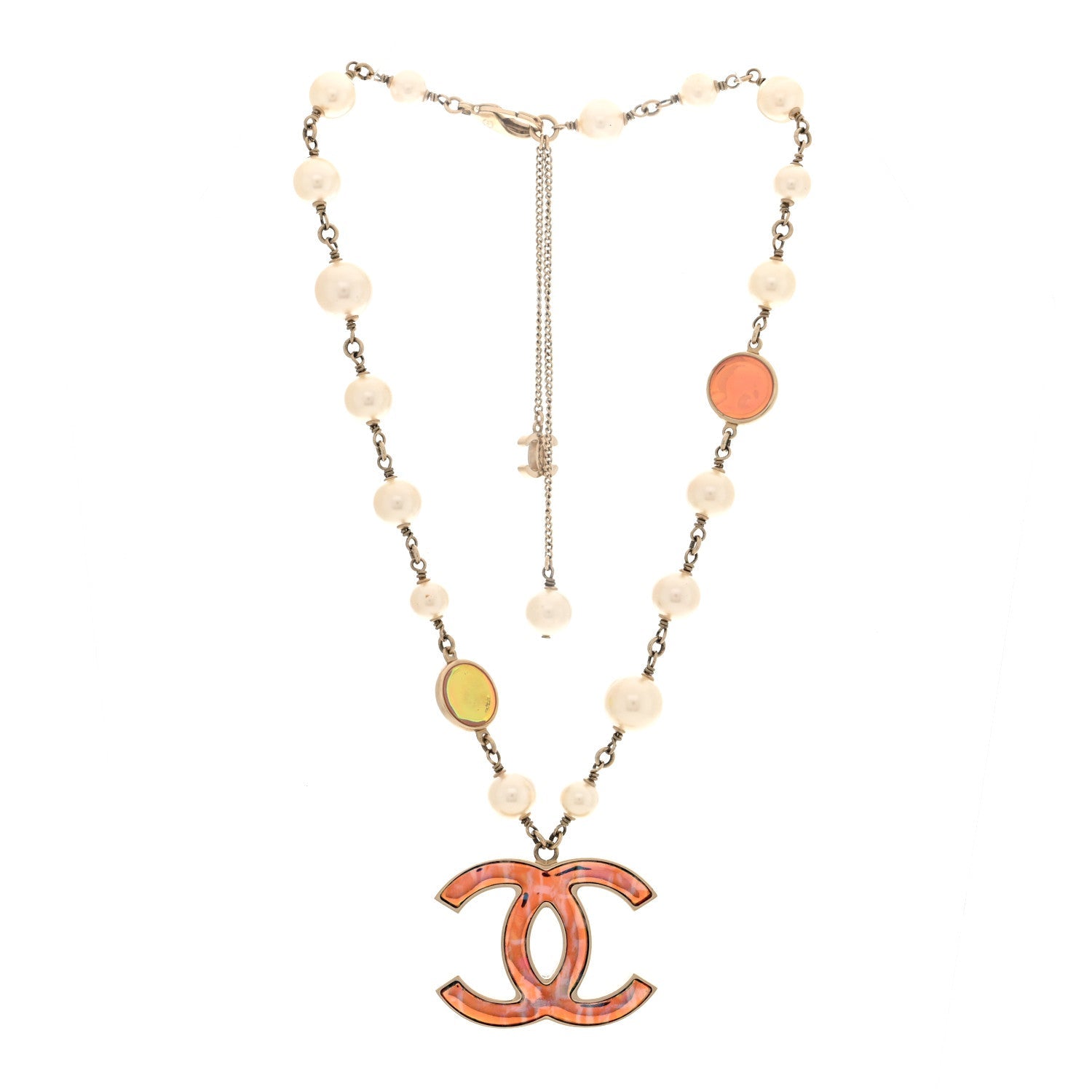 Iridescent Enamel Pearl CC Short Necklace Pink Gold