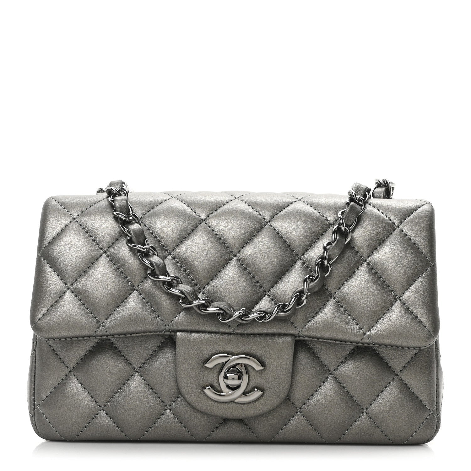 Chanel Metallic Lambskin Quilted Mini Rectangular Flap  Dark Grey