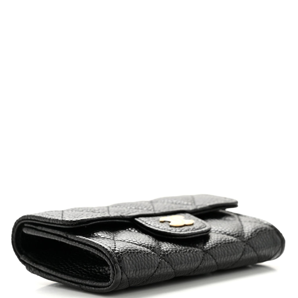 Caviar Quilted Flap Card Holder Wallet Black