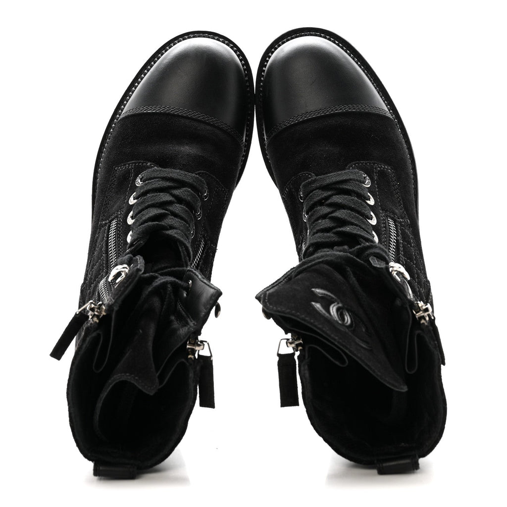 Chanel Suede Calfskin Quilted Lace Up Boots 38 Black