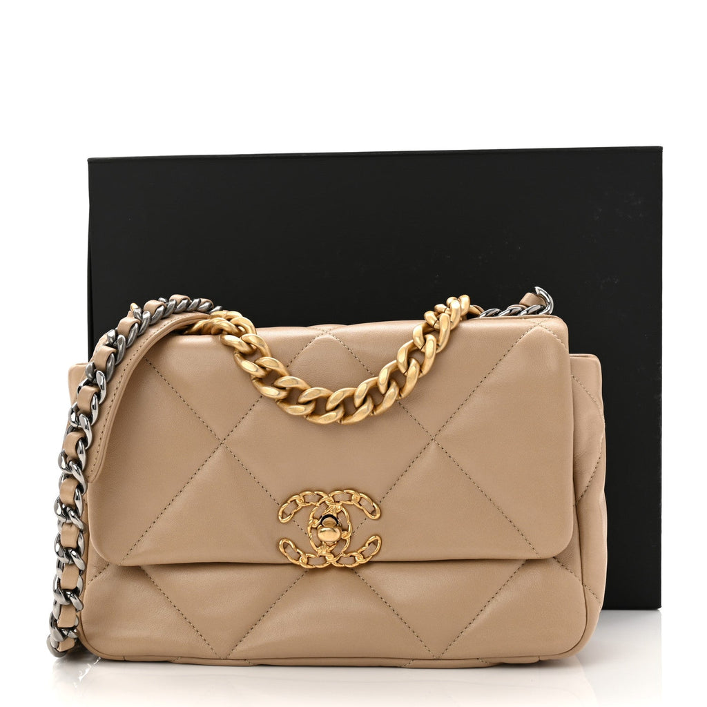 Chanel Lambskin Quilted Medium Chanel 19 Flap Dark Beige