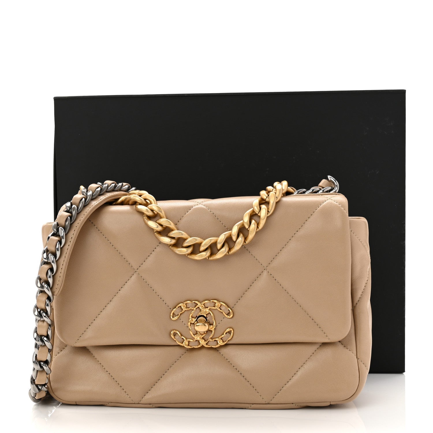 Chanel Lambskin Quilted Medium Chanel 19 Flap Dark Beige