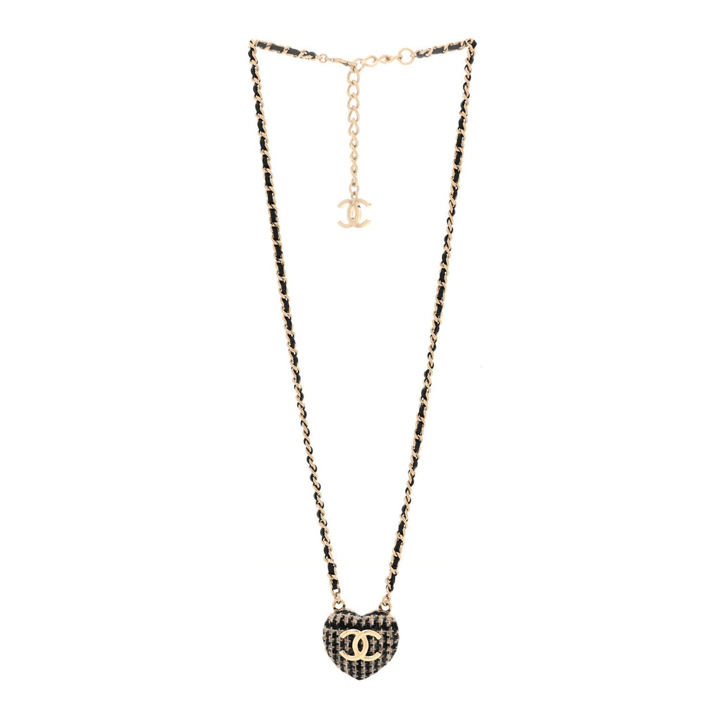 Chanel Tweed Lambskin CC Heart Locket Necklace Gold Black Beige