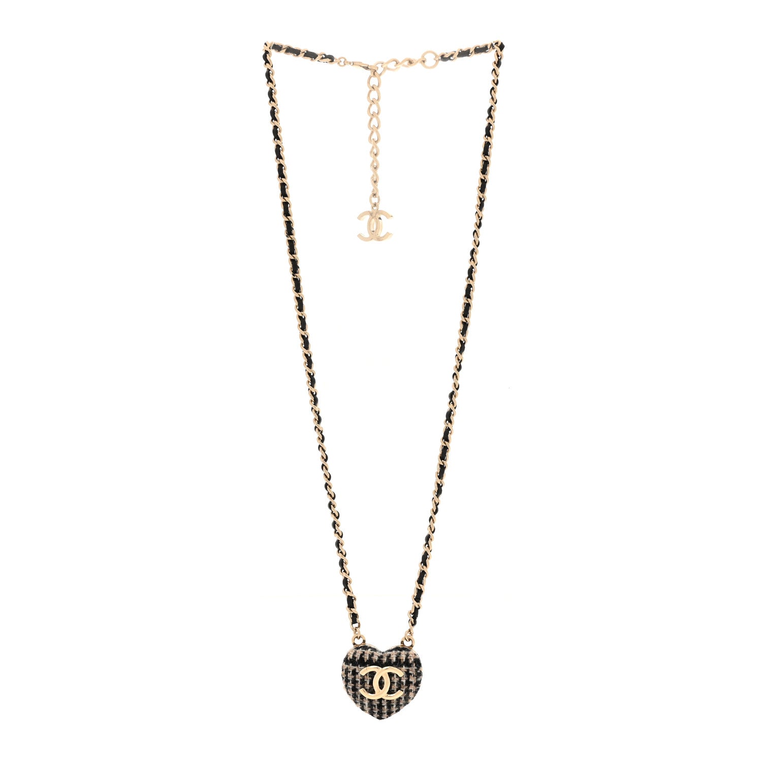 Chanel Tweed Lambskin CC Heart Locket Necklace Gold Black Beige