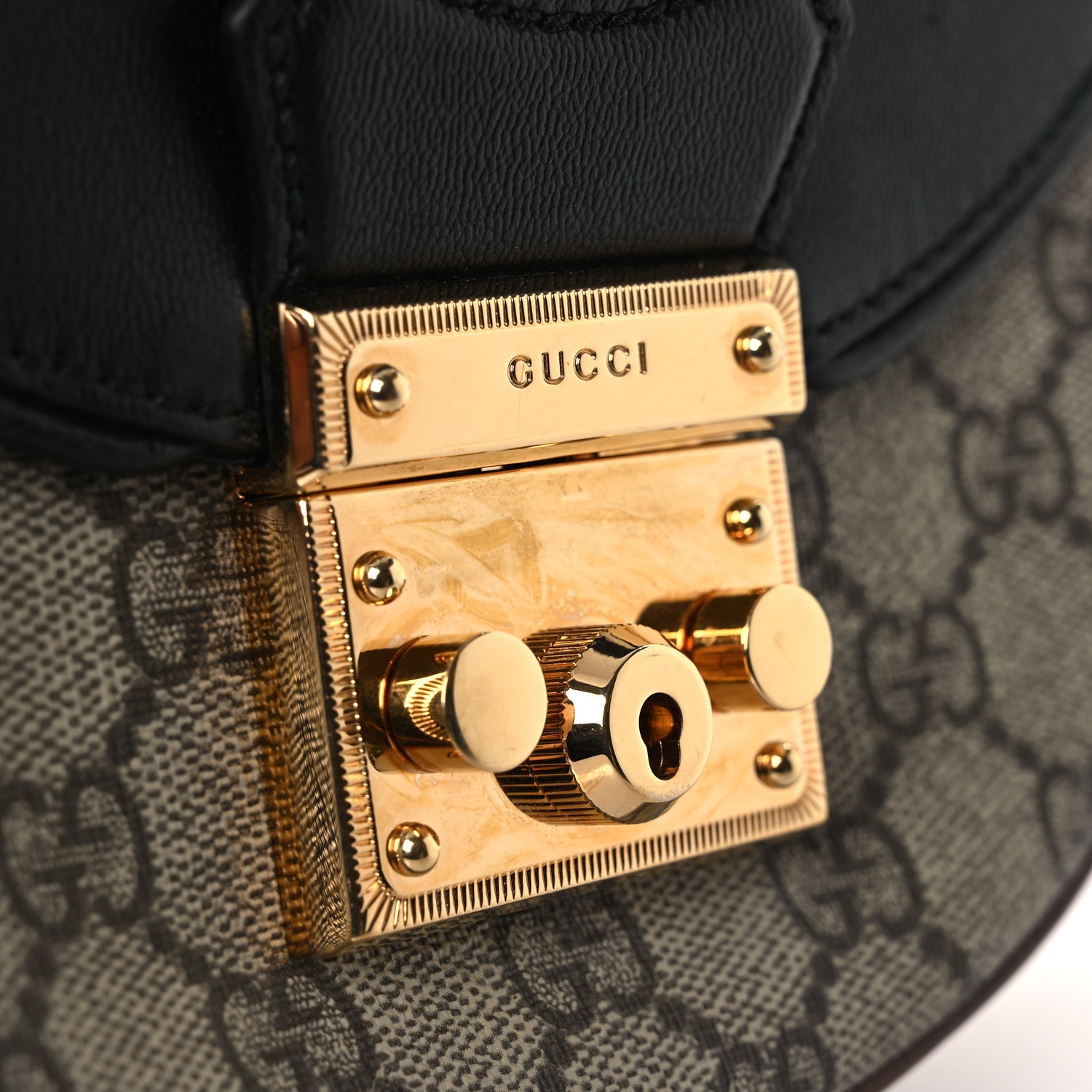 Gucci GG Supreme Monogram Calfskin Small Padlock Messenger Shoulder Bag Beige Black Cuir