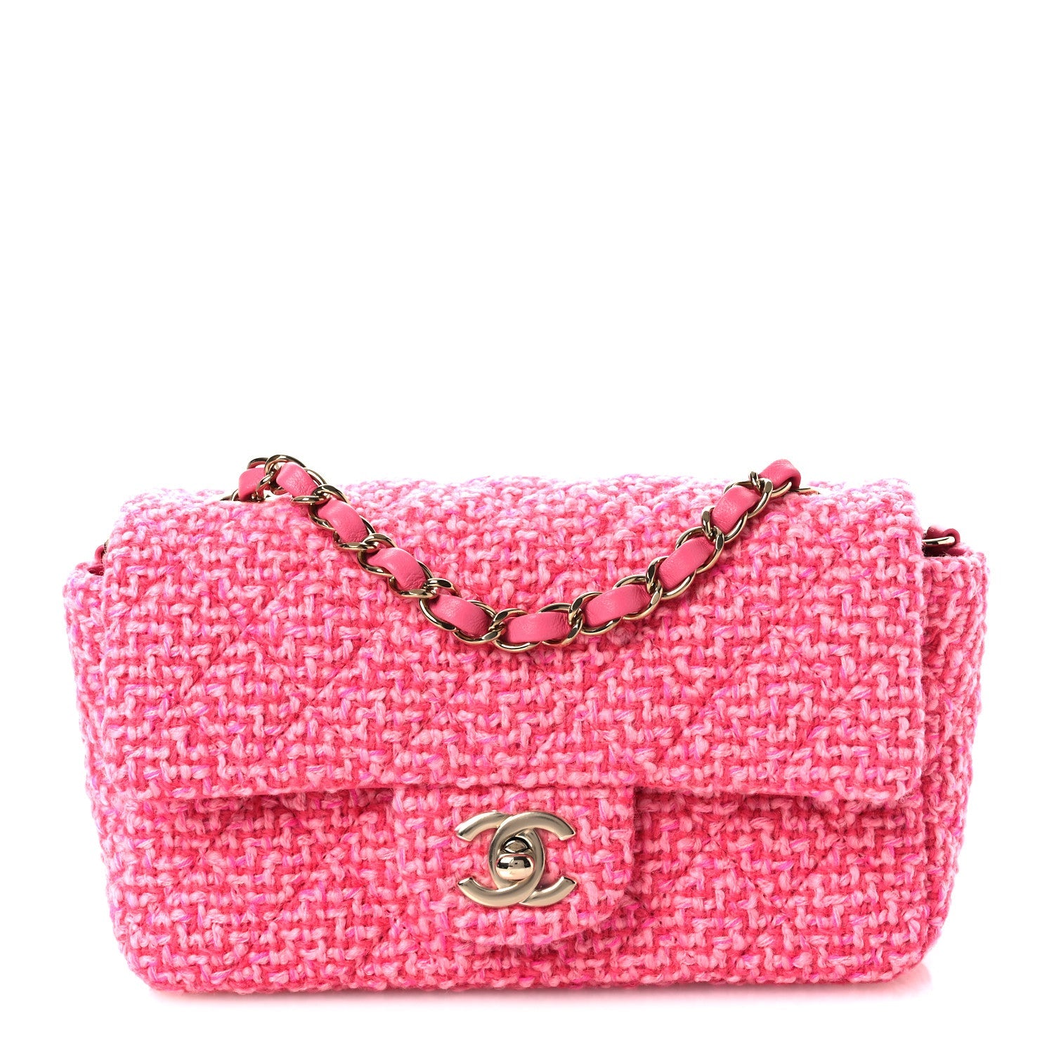 Chanel Wool Tweed Quilted Mini Rectangular Flap Dark Pink Fuchsia