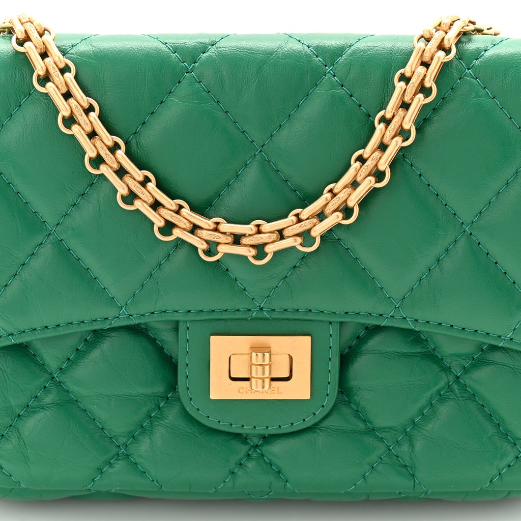 Chanel Aged Calfskin Quilted Reissue 2.55 Phone Holder With Chain Green