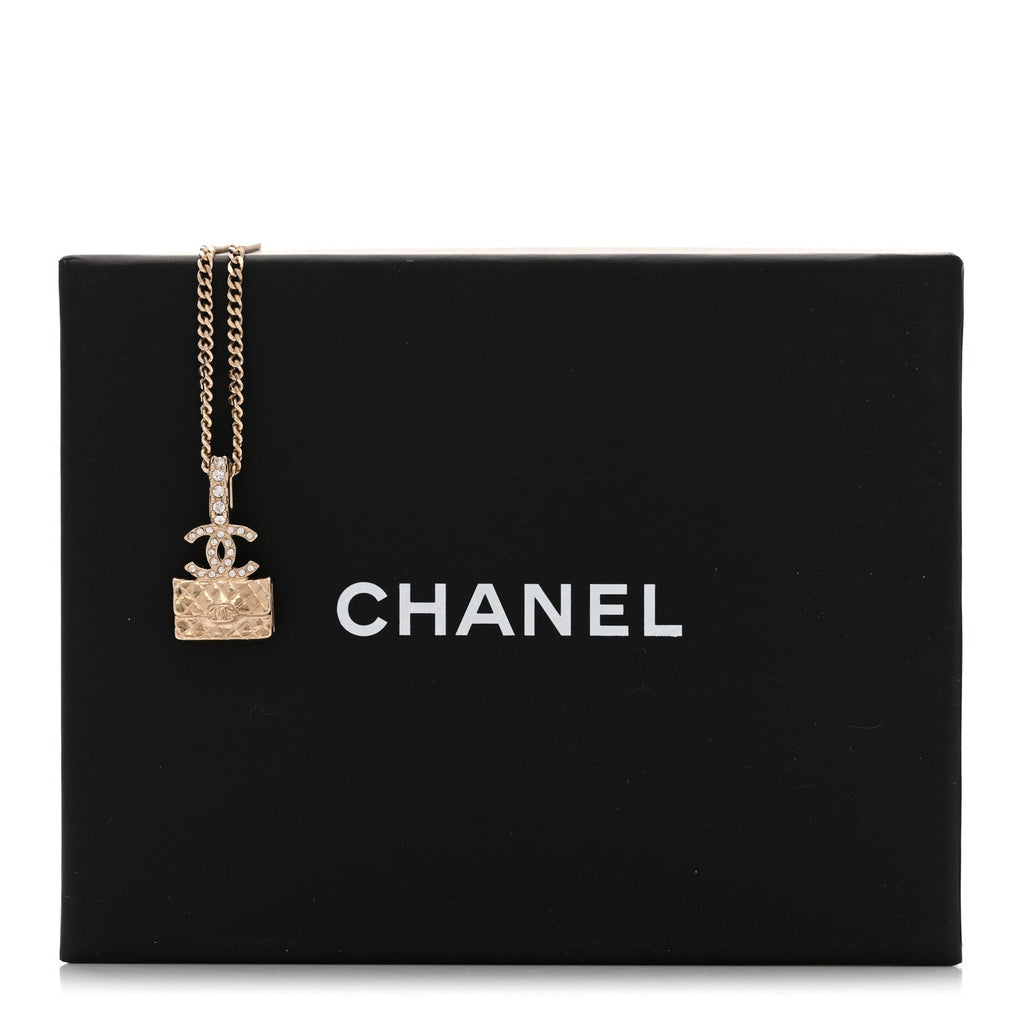 Metal Crystal Quilted Flap Bag Necklace Gold