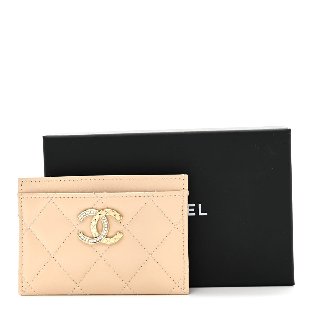Lambskin Quilted Crystal CC Card Holder Beige