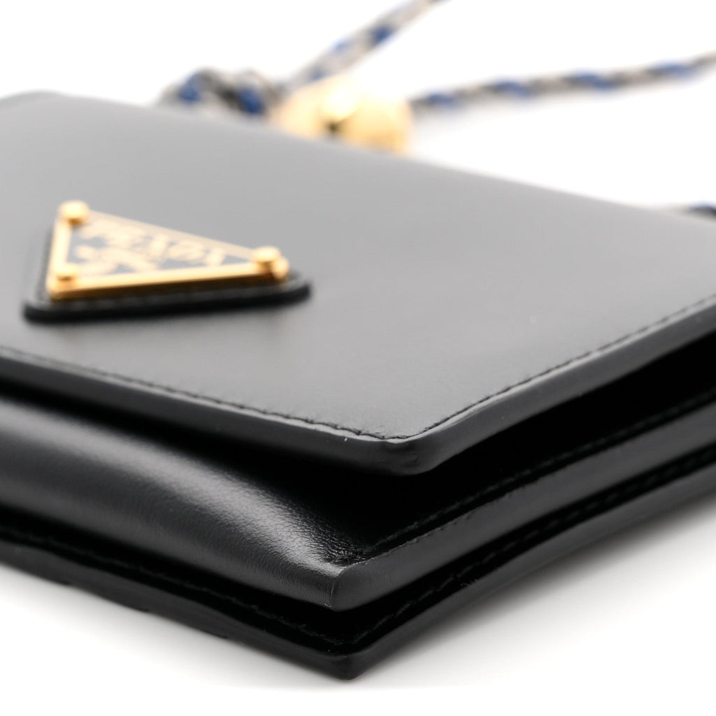 Prada Vitello Card Holder With Braided Strap Black