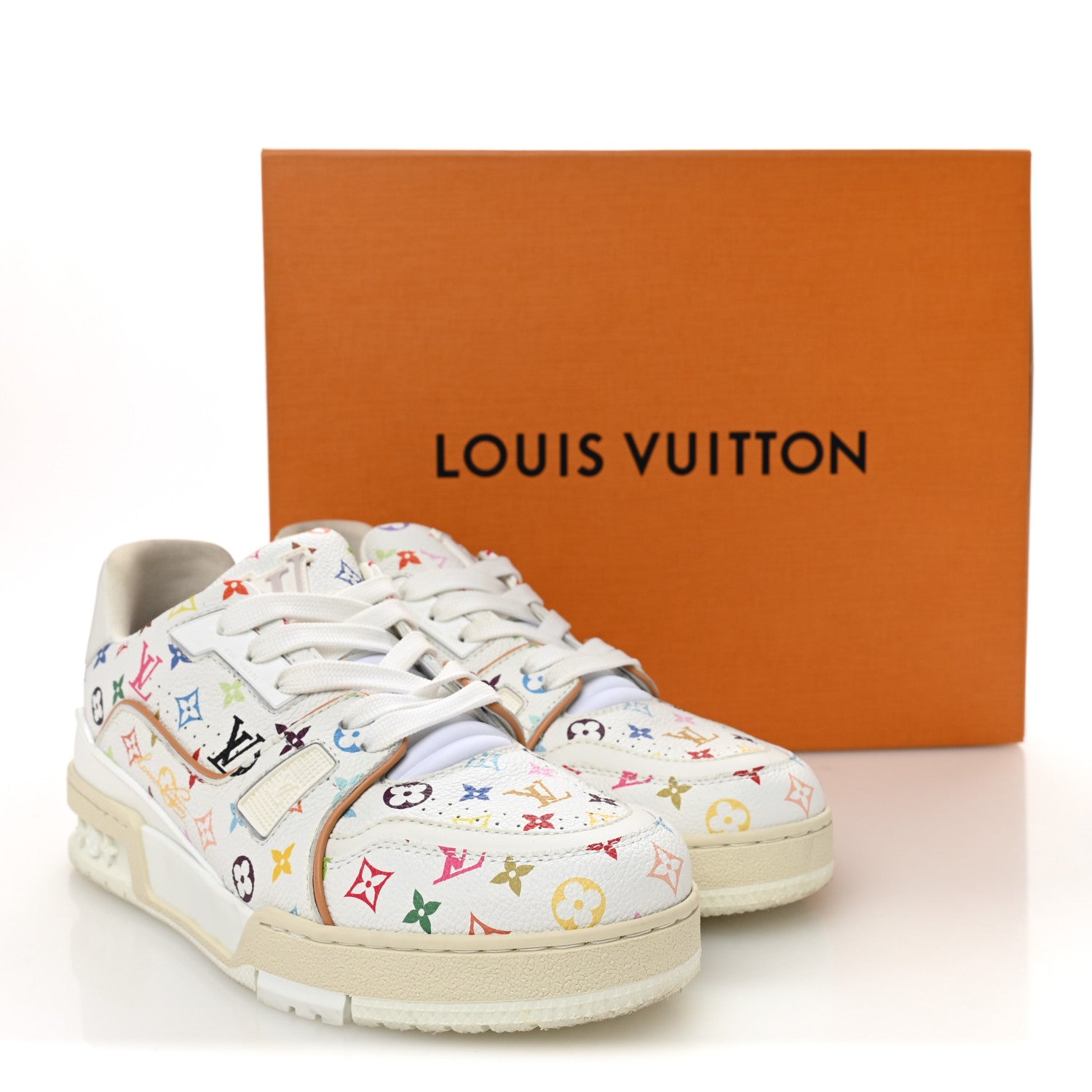 Louis Vuitton LV X TM Calfskin Monogram Multicolor Womens LV Trainer Sneakers 38 White