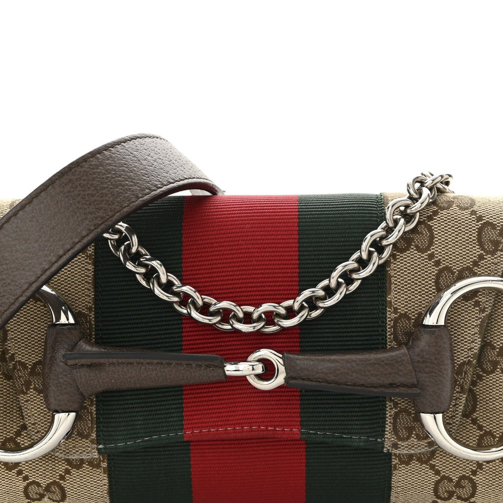 Gucci Monogram Textured Dollar Calfskin Heavy Grosgrain Web Medium Maxi Horsebit Chain Shoulder Bag Beige Ebony New Acero