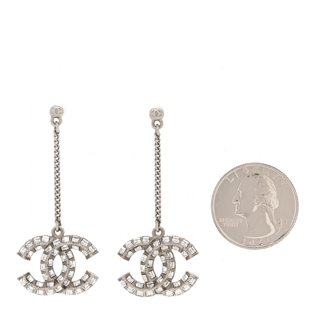Baguette Crystal CC Drop Earrings Silver