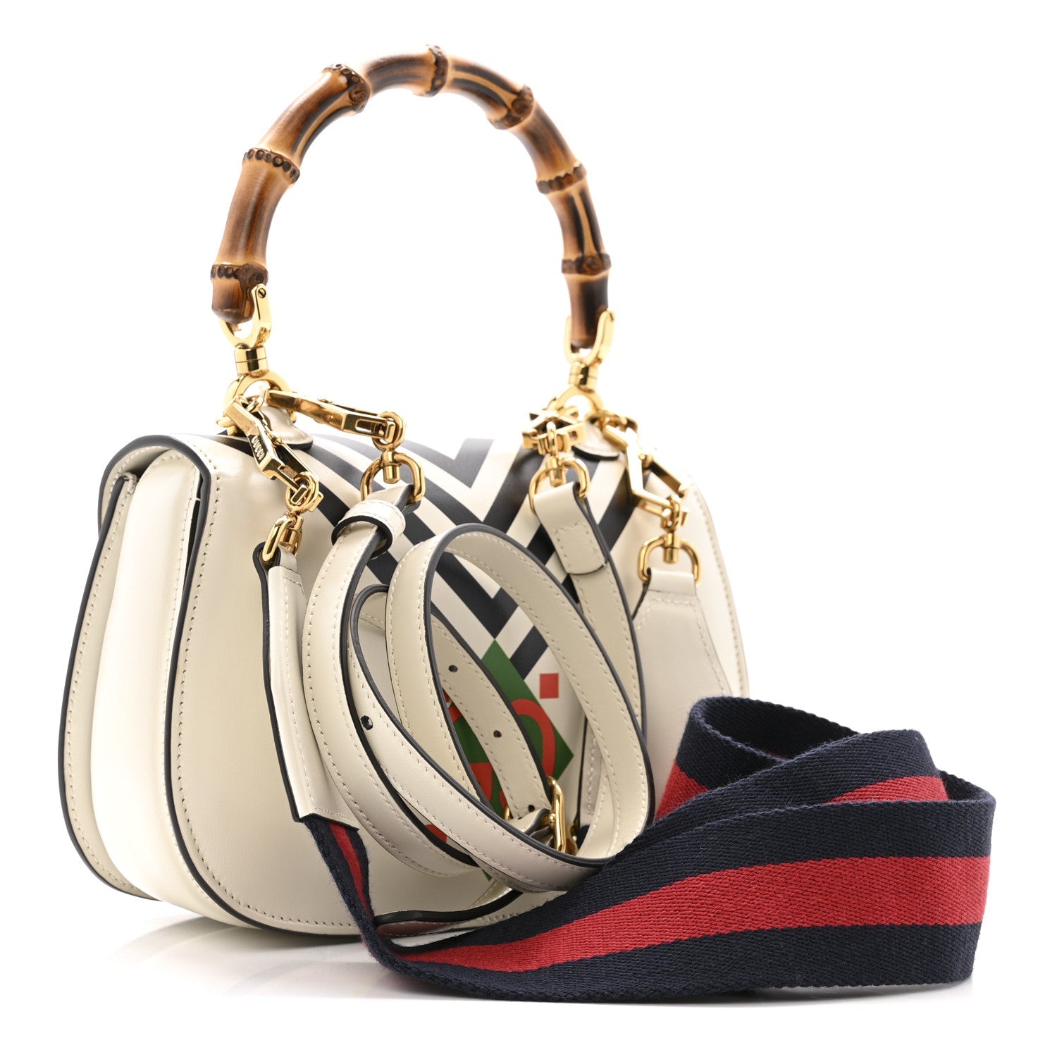 Gucci Calfskin Web Geometric Print Small Bamboo 1947 Top Handle Bag White Multicolor
