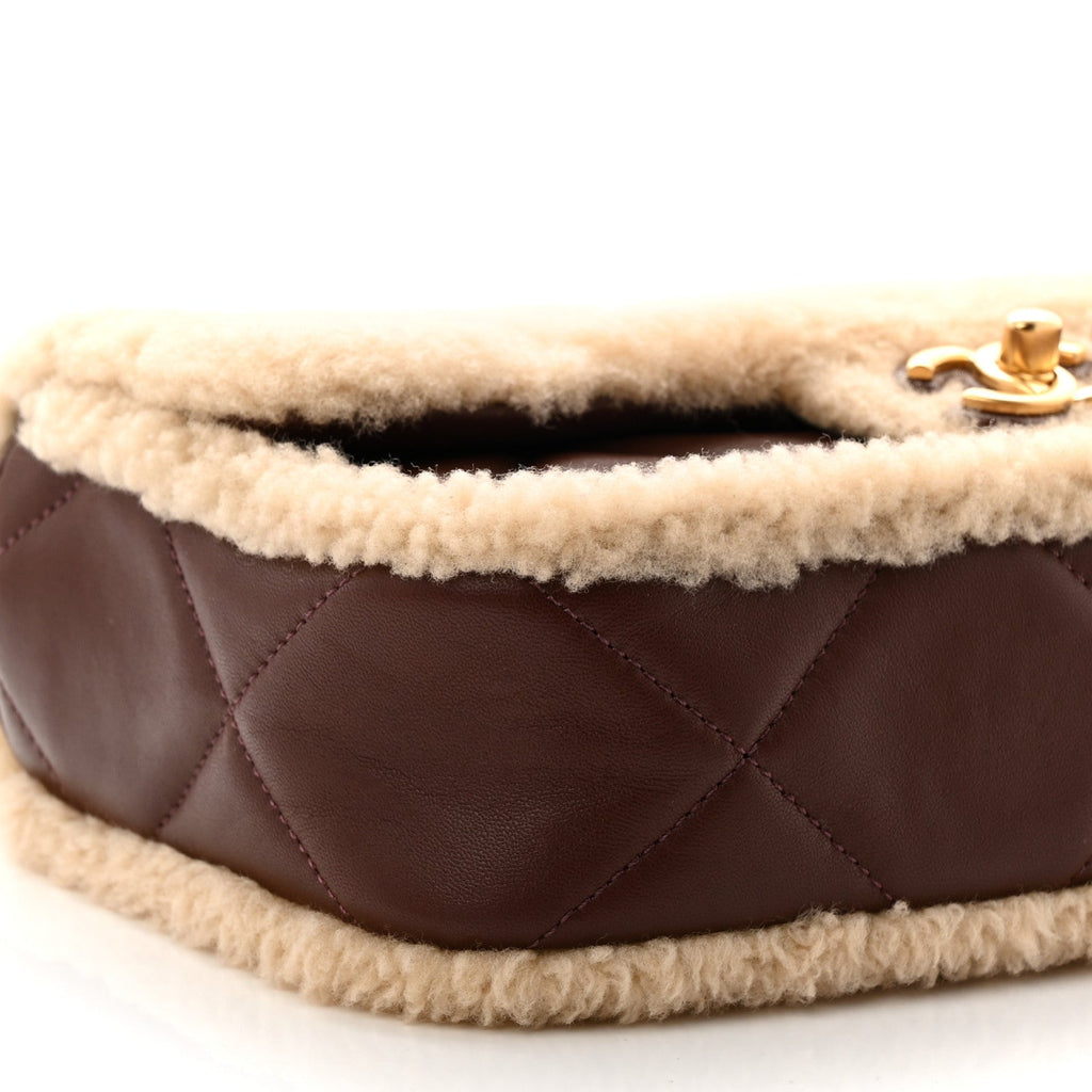 Chanel Shearling Lambskin Quilted Furry Coco Flap Dark Brown Beige