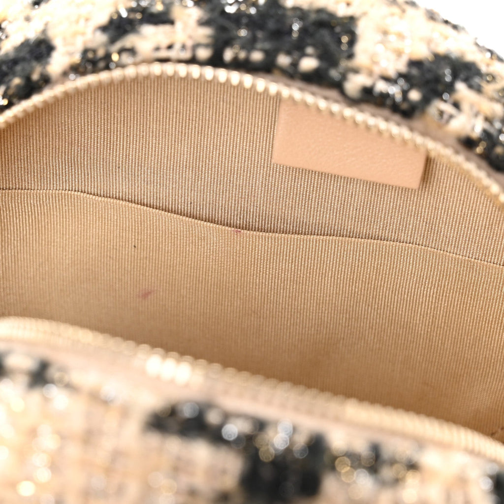 Chanel Wool Tweed Lambskin Quilted Chanel 19 Round Clutch With Chain and Coin Purse Beige Black