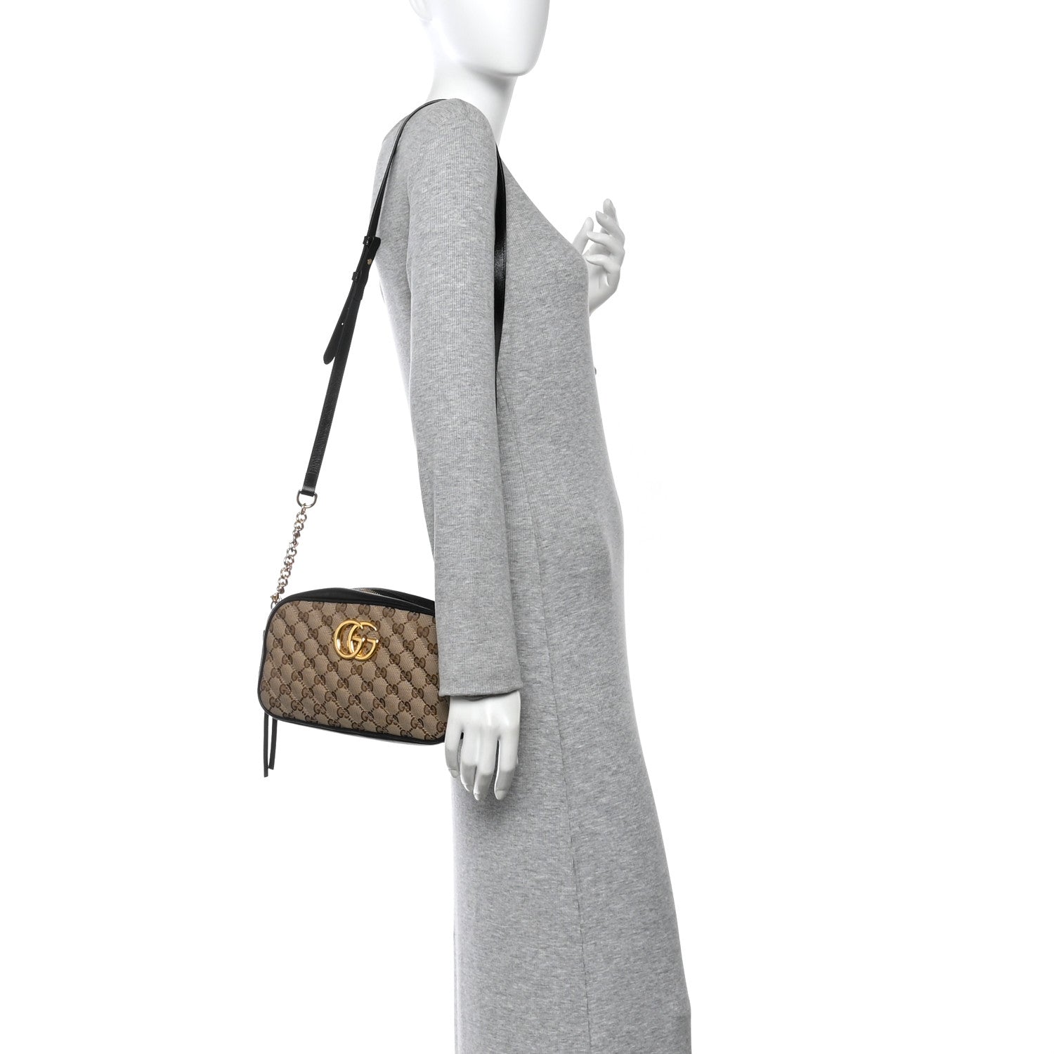 Gucci Monogram Matelasse Diagonal Small GG Marmont Chain Shoulder Bag Beige Black