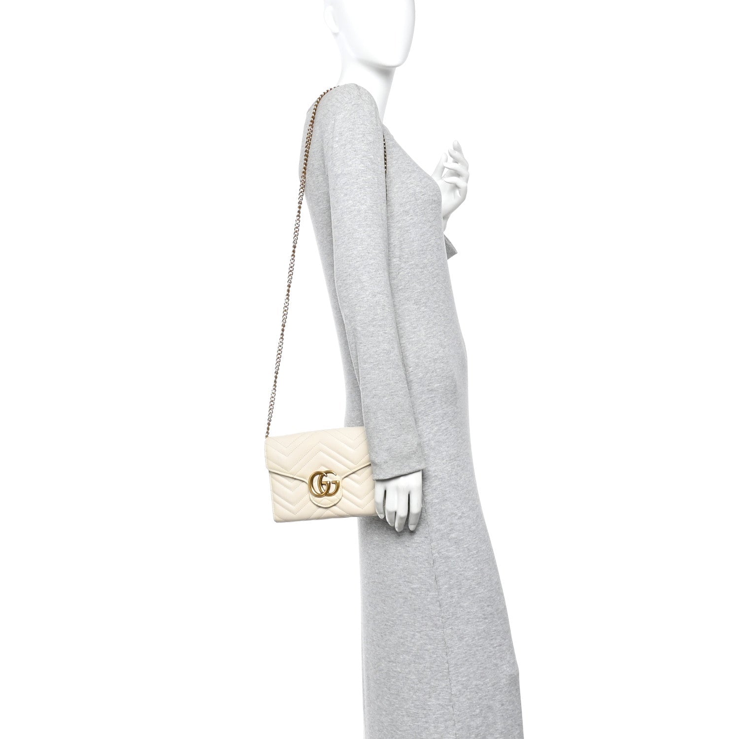Gucci Calfskin Matelasse GG Marmont Chain Wallet Mystic White