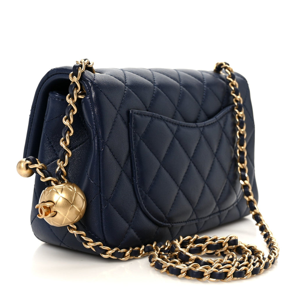 Chanel Lambskin Quilted Mini Pearl Crush Rectangular Flap Navy Blue