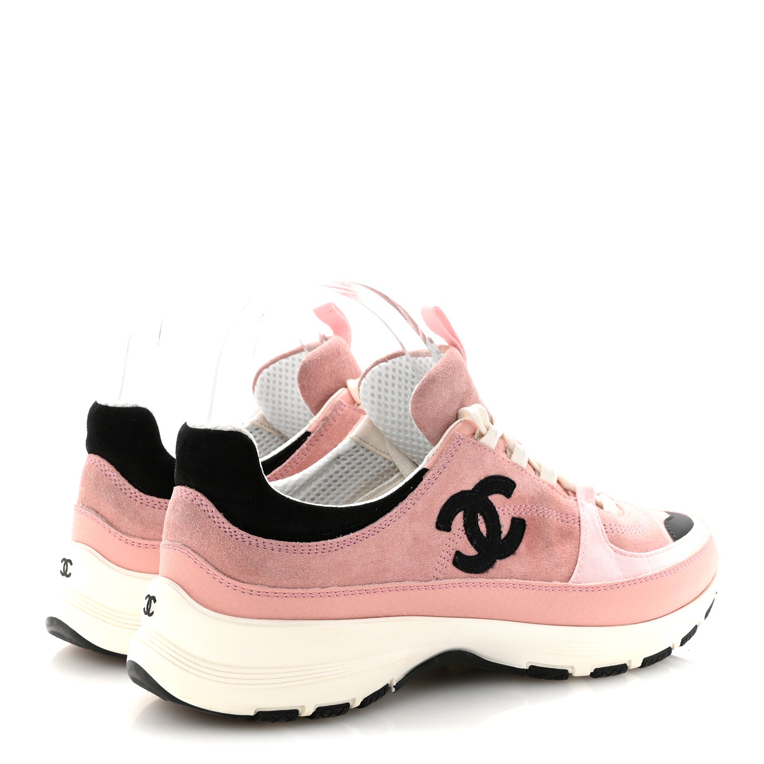 Chanel Suede Calfskin Grosgrain Womens CC Sneakers 39.5 Light Pink Black