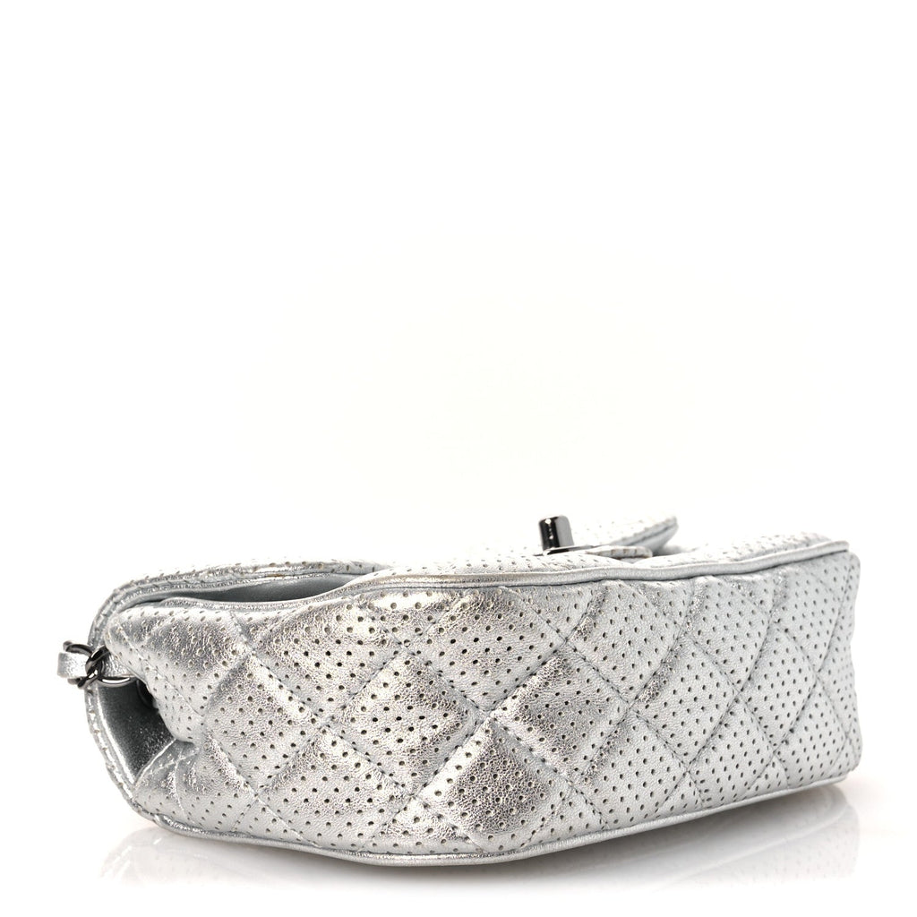 Chanel Metallic Lambskin Perforated Mini Rectangular Flap Silver
