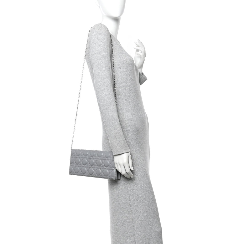 Christian Dior Lambskin Cannage Lady Dior Convertible Clutch Grey