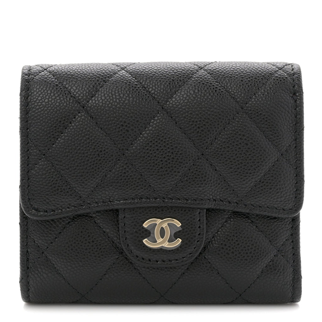 Caviar Quilted Compact Flap Wallet Black